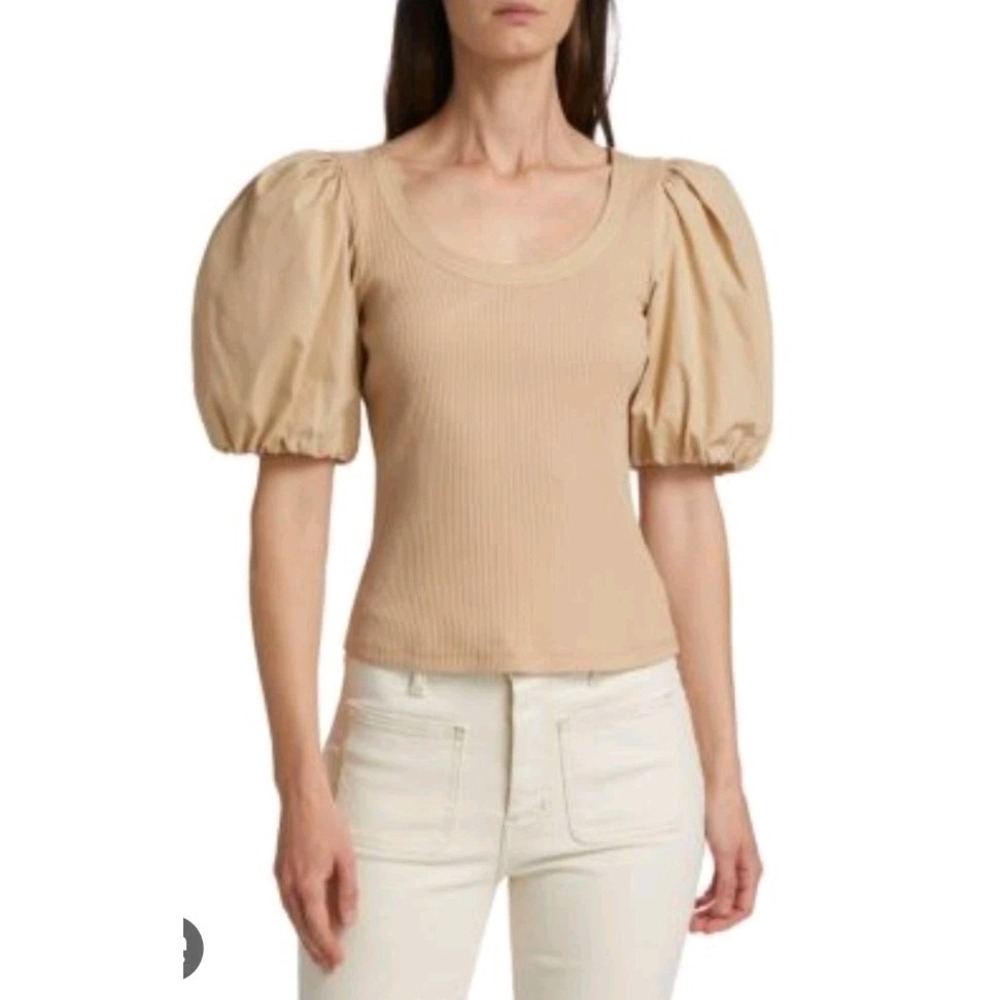 Derek Lam 10 Crosby Willa Puff Sleeve Top Khaki Tan‎ MSRP $225